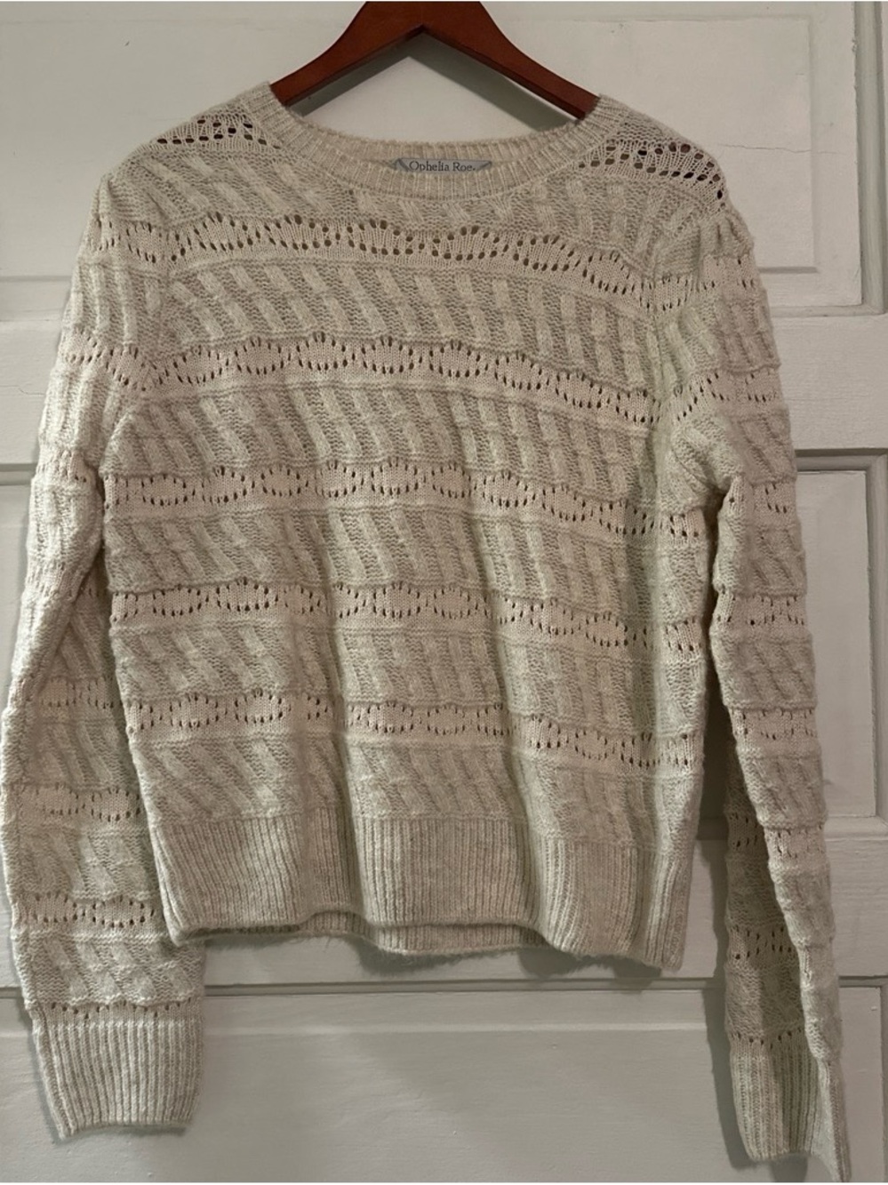 Odelia Rose Cream Openwork Crewneck Sweater sz L